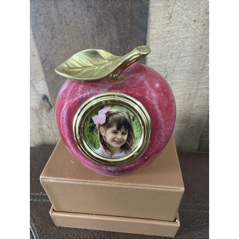 Andrea by Sadek Red Apple Polished Marble Paperweight Picture Frame Brass Stem